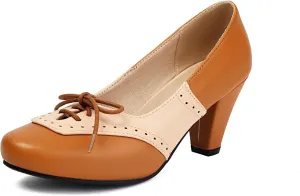 Elerhythm Women's Mary Jane 1920s Pump Heels Two Tones Classic and Retro Lace Up Wingtip 1950s Vintage Round Closed Toe 1940s Shoes