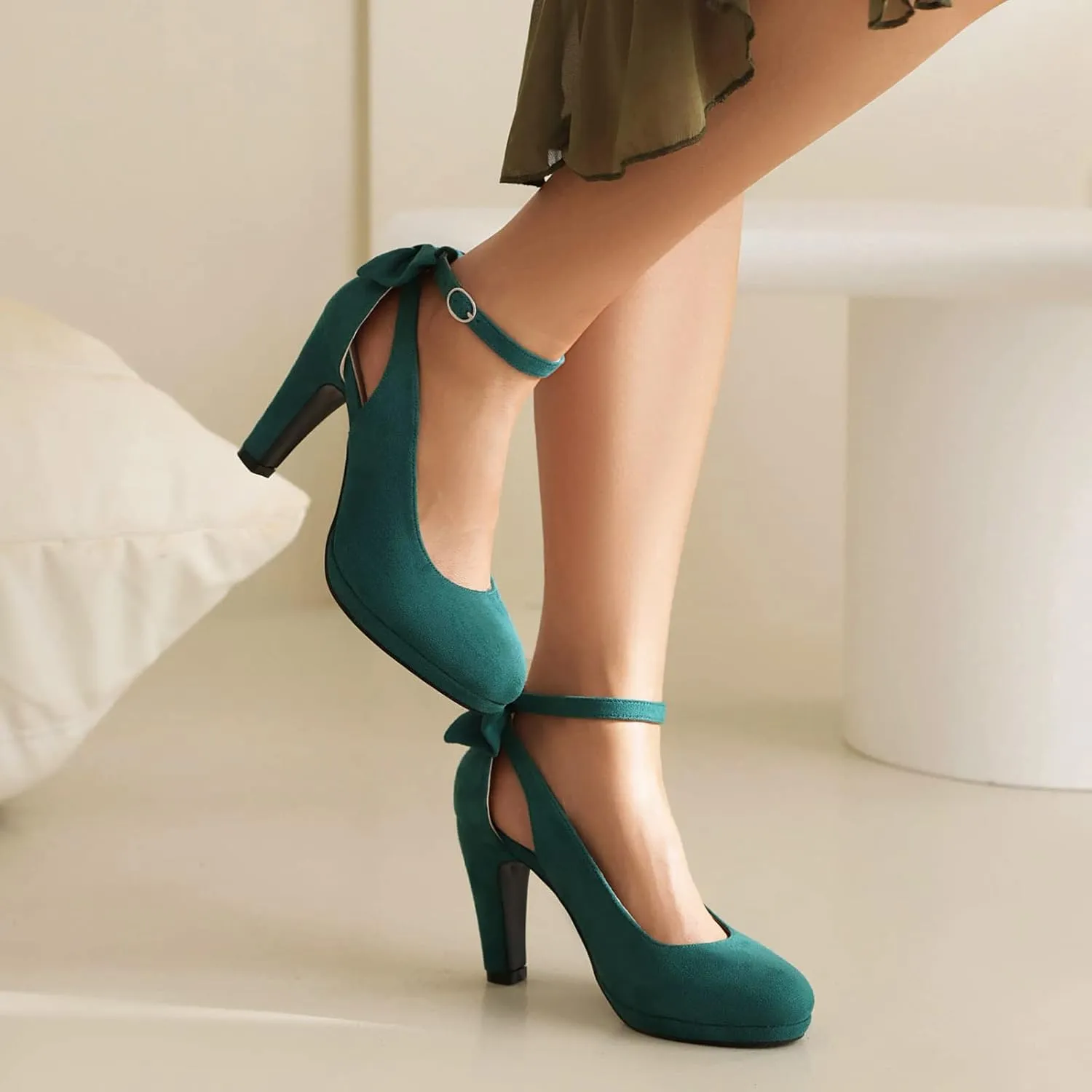 Elerhythm Women's Mary Jane Heels with Bow Retro Closed Round Toe Suede Ankle Strap Pumps Gatsby Vintage Sweet Office Daily Dress Shoes