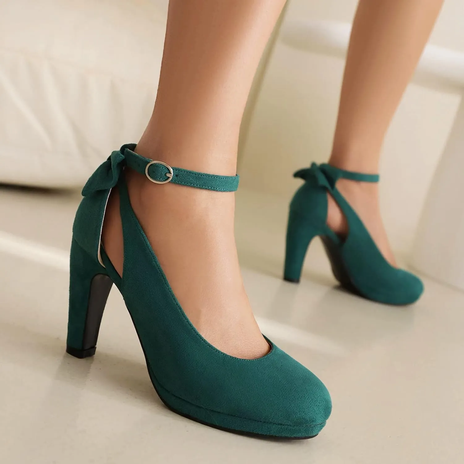 Elerhythm Women's Mary Jane Heels with Bow Retro Closed Round Toe Suede Ankle Strap Pumps Gatsby Vintage Sweet Office Daily Dress Shoes