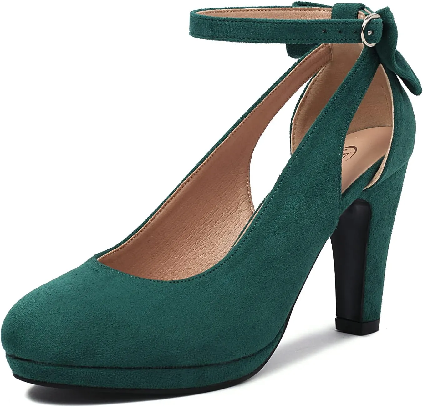Elerhythm Women's Mary Jane Heels with Bow Retro Closed Round Toe Suede Ankle Strap Pumps Gatsby Vintage Sweet Office Daily Dress Shoes