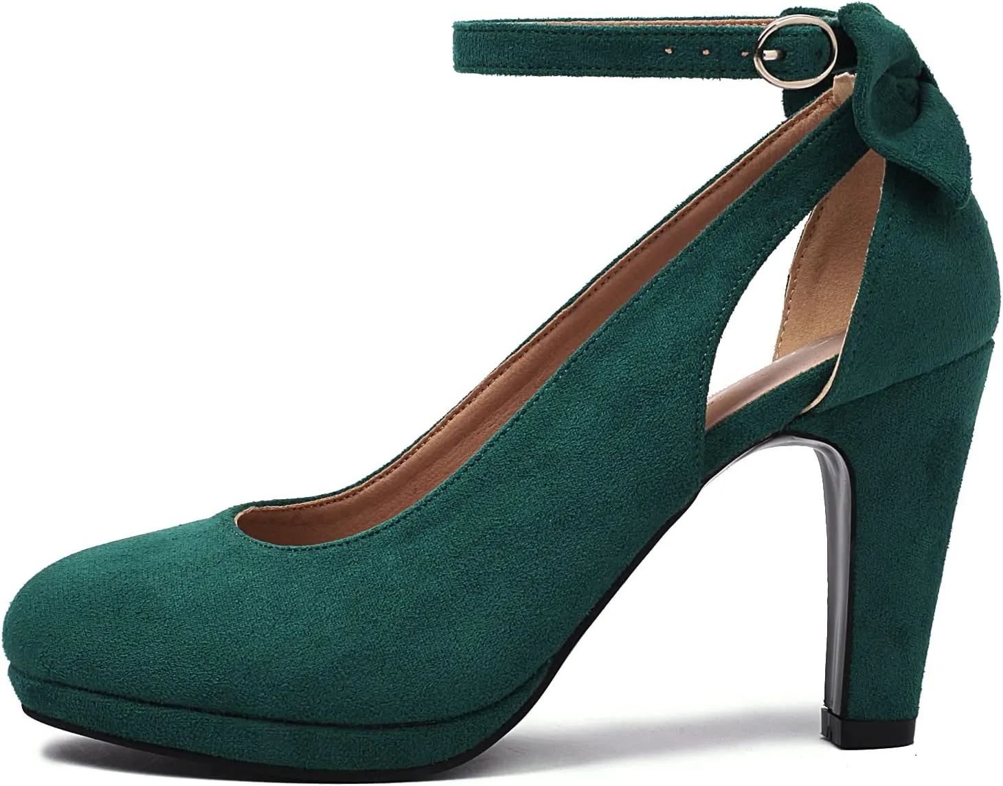 Elerhythm Women's Mary Jane Heels with Bow Retro Closed Round Toe Suede Ankle Strap Pumps Gatsby Vintage Sweet Office Daily Dress Shoes