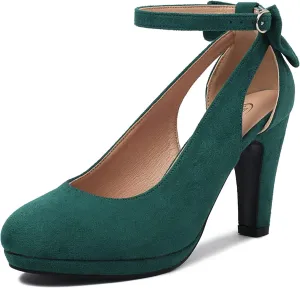 Elerhythm Women's Mary Jane Heels with Bow Retro Closed Round Toe Suede Ankle Strap Pumps Gatsby Vintage Sweet Office Daily Dress Shoes