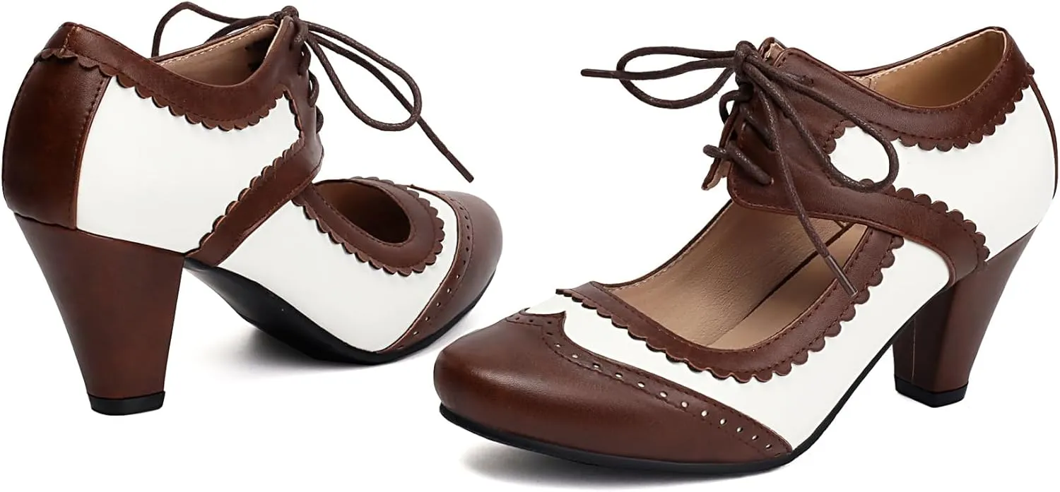 Elerhythm Women's Mary Jane Lace Up Closed Round Toe Vintage Heels 1950s Pumps 1920s Victorian 1940s Retro Shoes