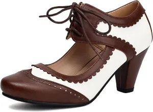 Elerhythm Women's Mary Jane Lace Up Closed Round Toe Vintage Heels 1950s Pumps 1920s Victorian 1940s Retro Shoes