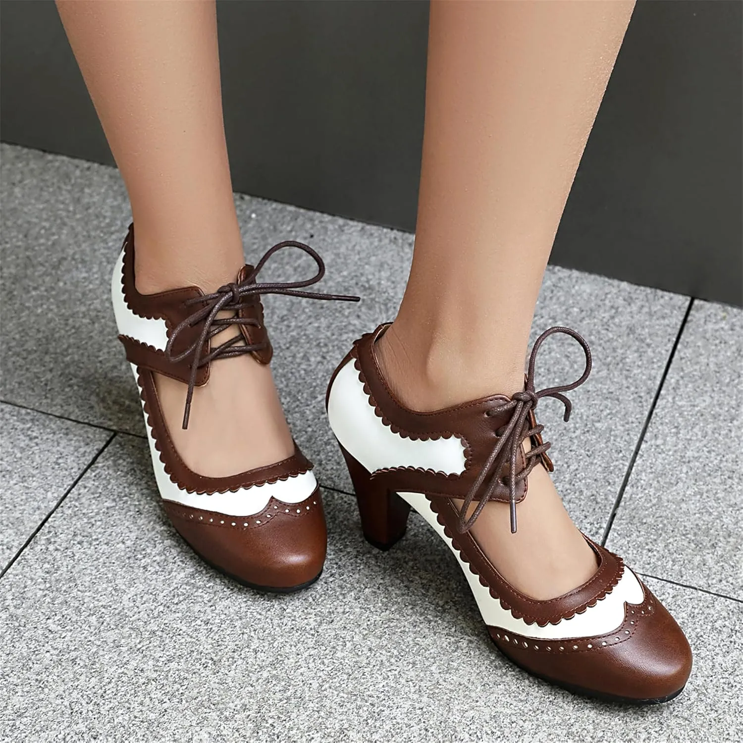 Elerhythm Women's Mary Jane Lace Up Closed Round Toe Vintage Heels 1950s Pumps 1920s Victorian 1940s Retro Shoes