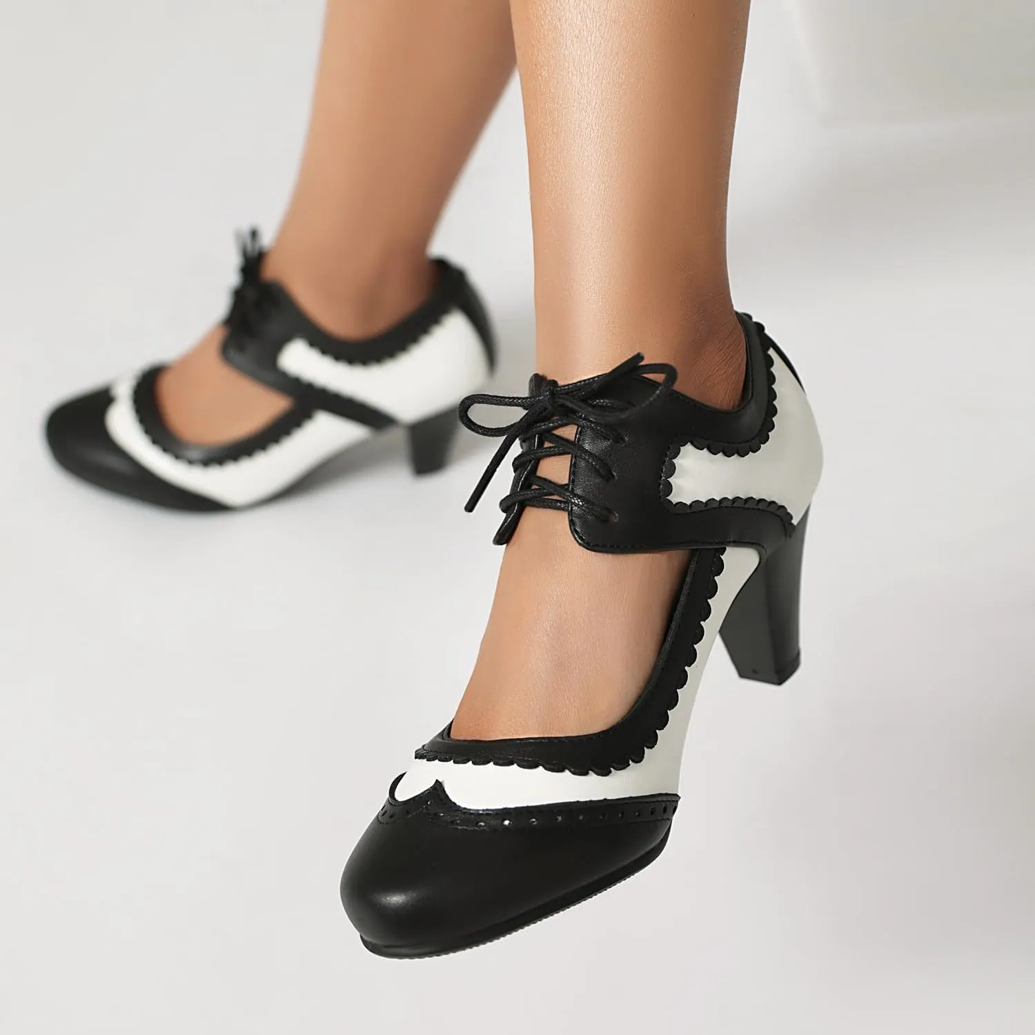 Elerhythm Women's Mary Jane Lace Up Closed Round Toe Vintage Heels Gatsby 1950s Pumps 1920s Victorian 1940s Retro Shoes