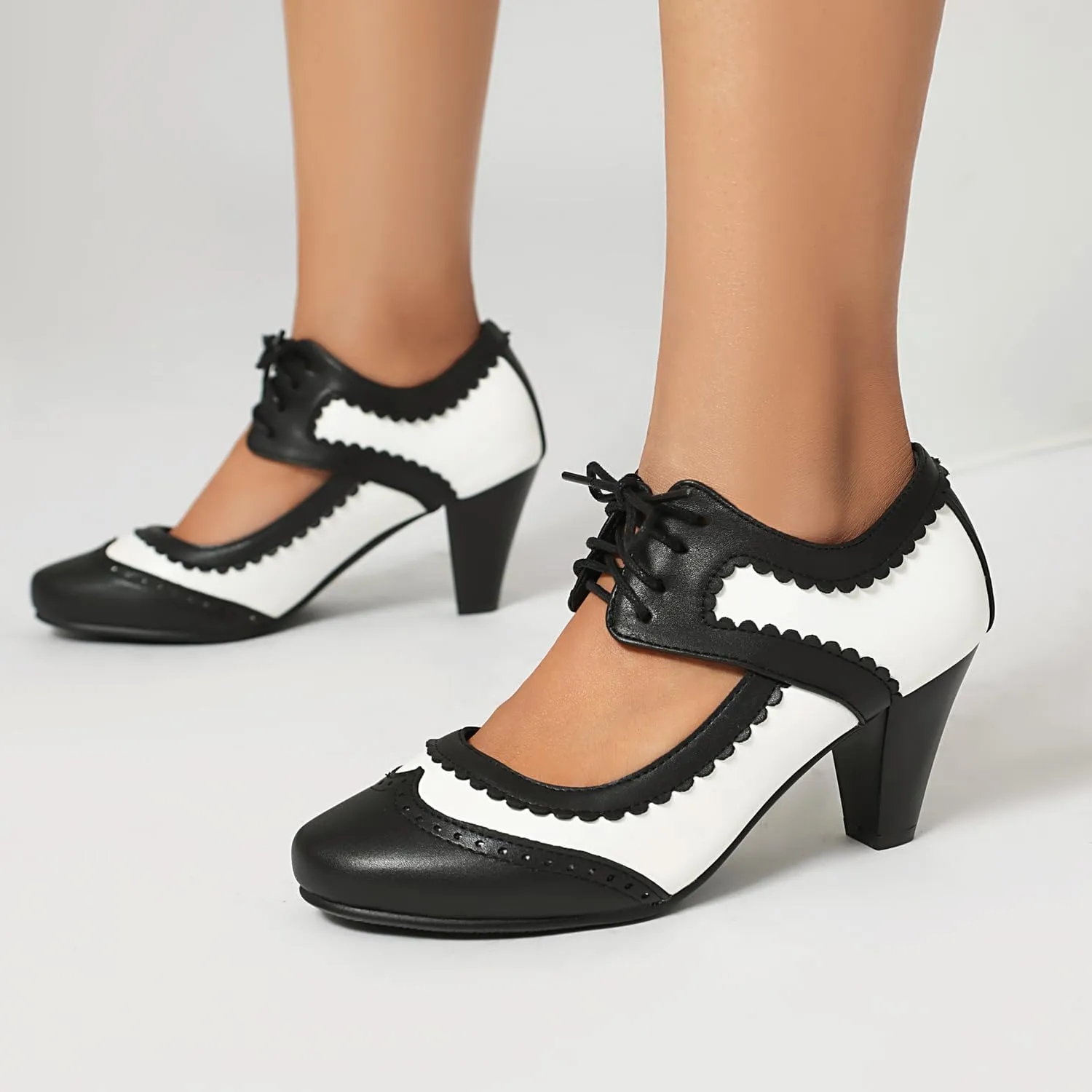 Elerhythm Women's Mary Jane Lace Up Closed Round Toe Vintage Heels Gatsby 1950s Pumps 1920s Victorian 1940s Retro Shoes
