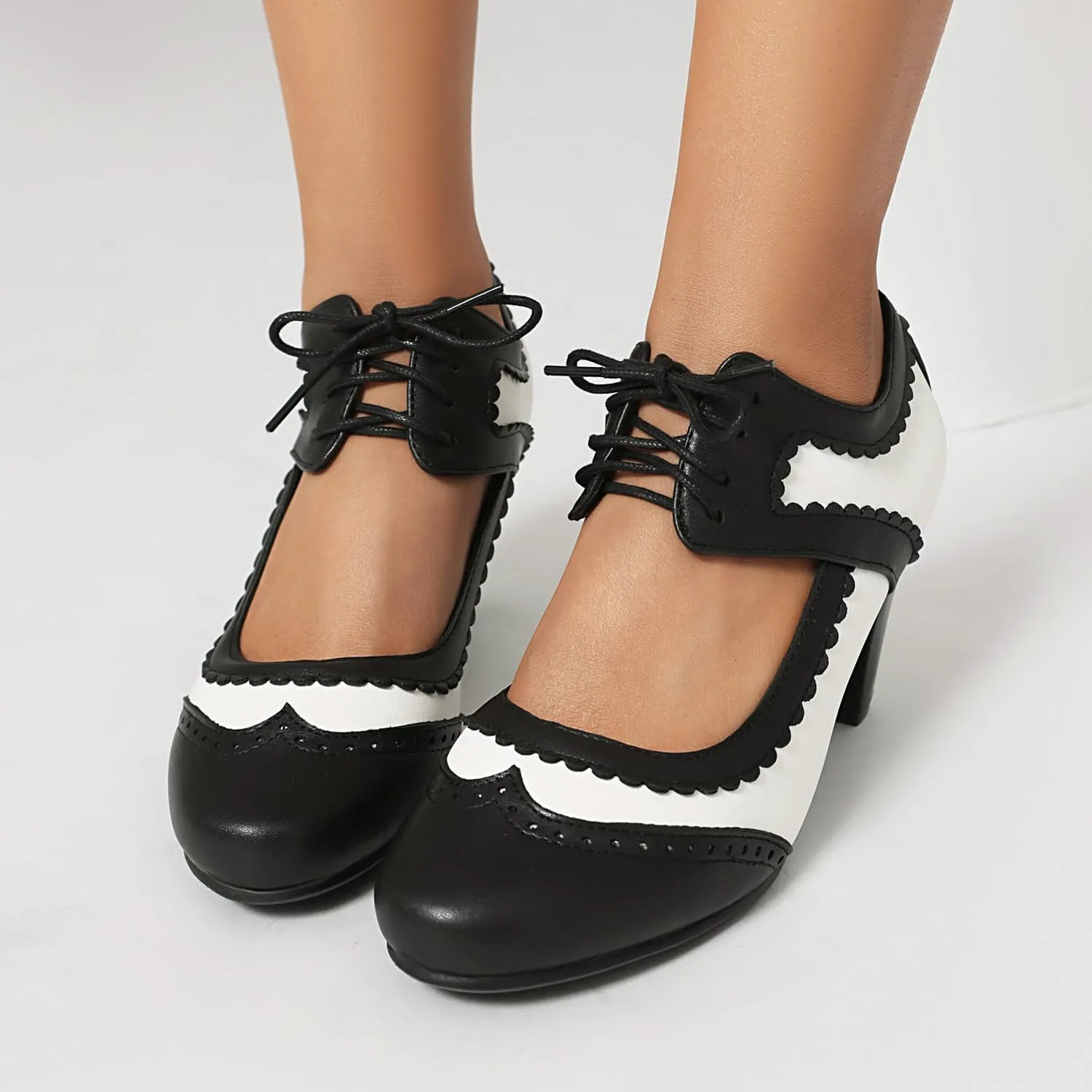 Elerhythm Women's Mary Jane Lace Up Closed Round Toe Vintage Heels Gatsby 1950s Pumps 1920s Victorian 1940s Retro Shoes
