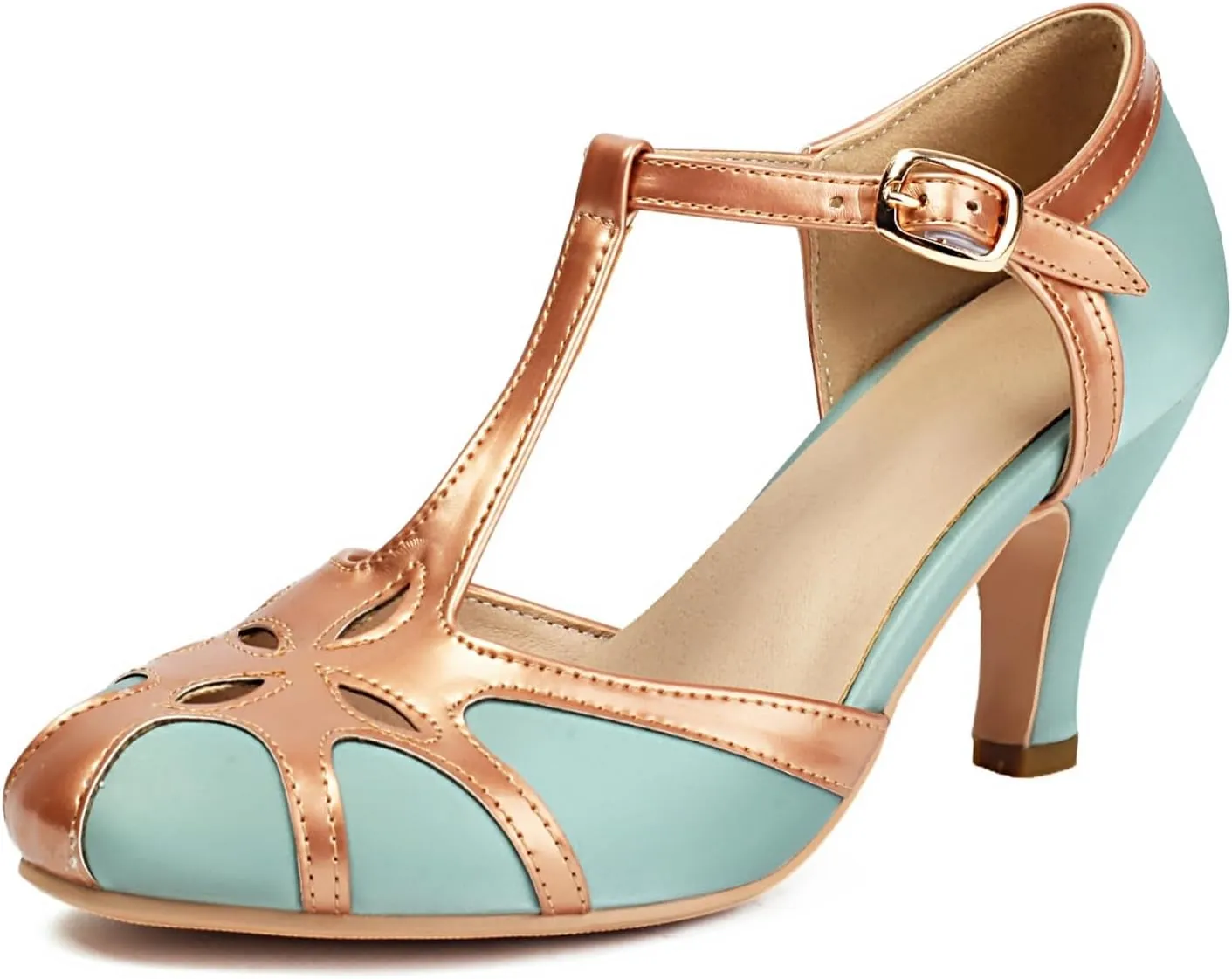Elerhythm Women's Mary Jane Rockability Tear Cut Close Round Toe T Strap Vintage 1950s Heels Retro 1920s Victorian Pumps Shoes