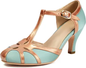 Elerhythm Women's Mary Jane Rockability Tear Cut Close Round Toe T Strap Vintage 1950s Heels Retro 1920s Victorian Pumps Shoes