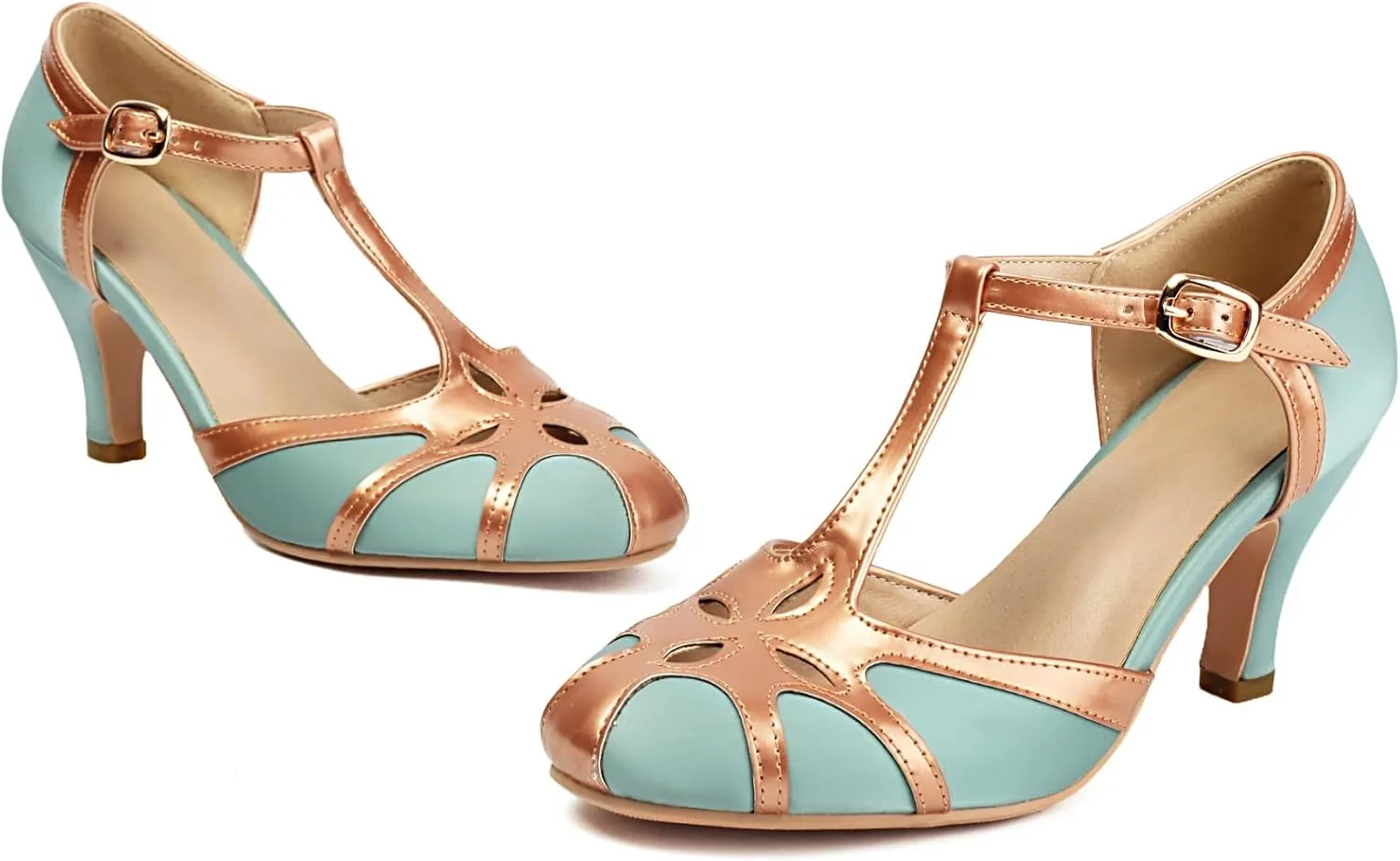 Elerhythm Women's Mary Jane Rockability Tear Cut Close Round Toe T Strap Vintage 1950s Heels Retro 1920s Victorian Pumps Shoes