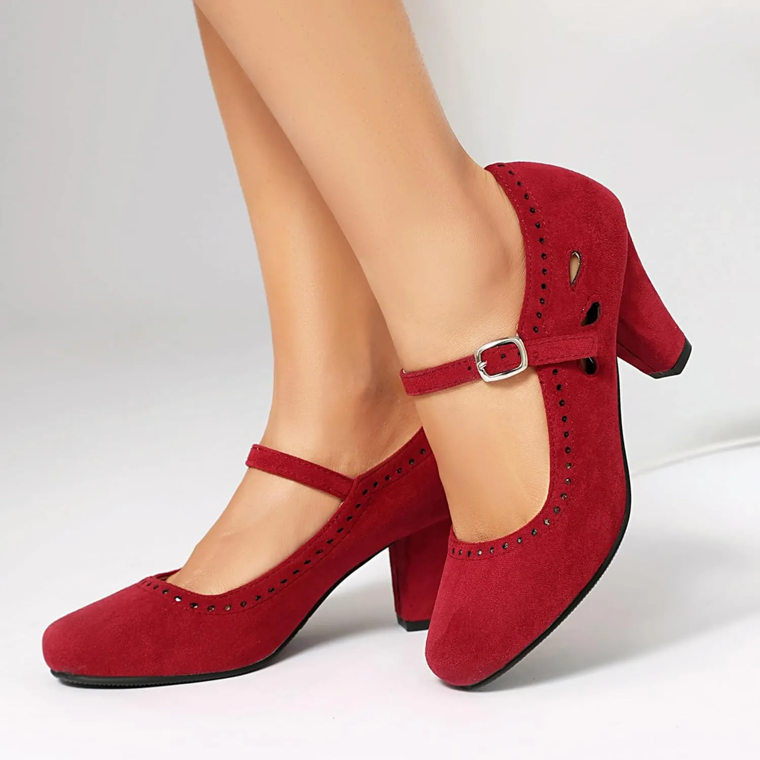Elerhythm Women's Mary Jane Teardrop Cutout Classic and Retro 1920s Pump Heels 1950s Vintage Round Closed Toe 1940s Ankle Strap Dress Shoes