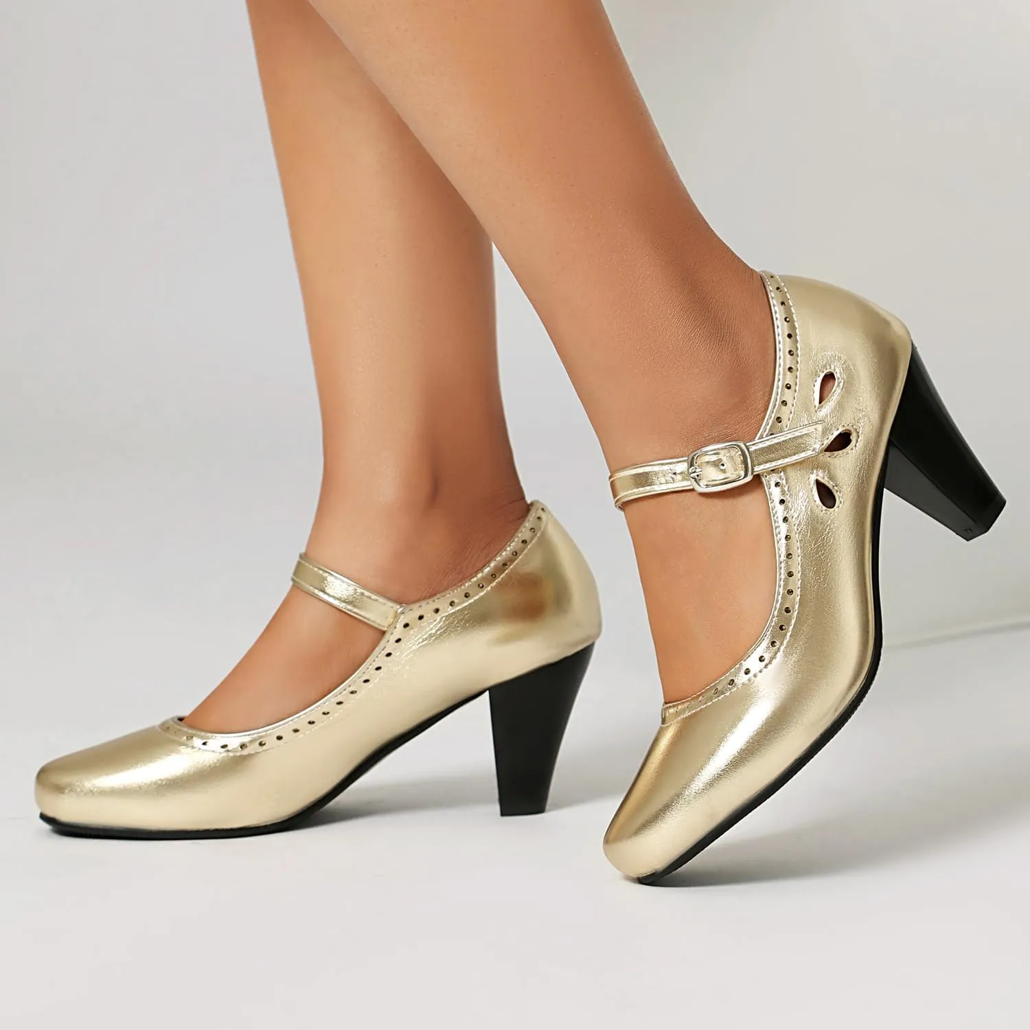 Elerhythm Women's Mary Jane Teardrop Cutout Classic and Retro 1920s Pump Heels 1950s Vintage Round Closed Toe 1940s Ankle Strap Dress Shoes