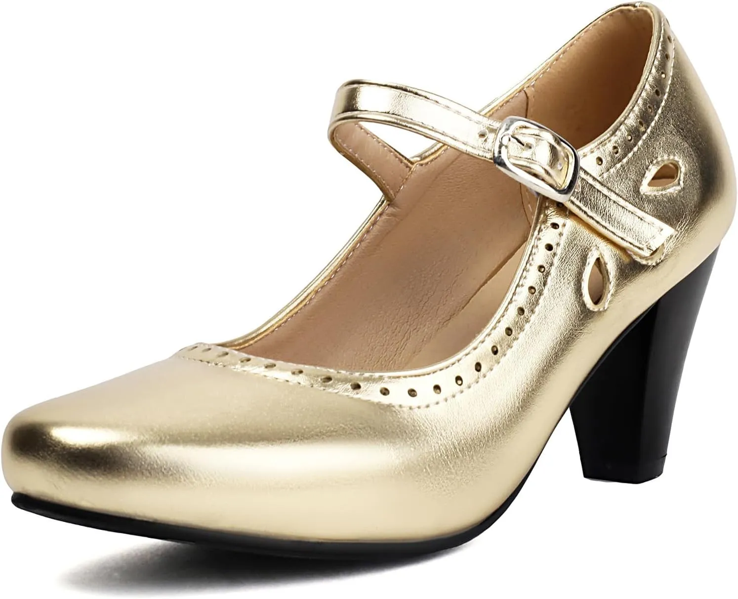 Elerhythm Women's Mary Jane Teardrop Cutout Classic and Retro 1920s Pump Heels 1950s Vintage Round Closed Toe 1940s Ankle Strap Dress Shoes