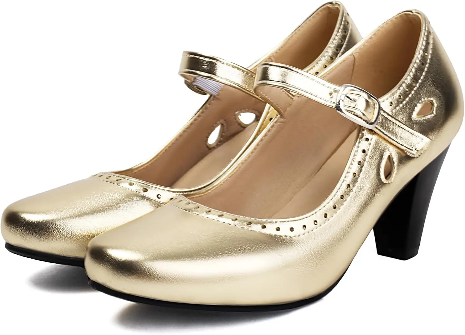 Elerhythm Women's Mary Jane Teardrop Cutout Classic and Retro 1920s Pump Heels 1950s Vintage Round Closed Toe 1940s Ankle Strap Dress Shoes