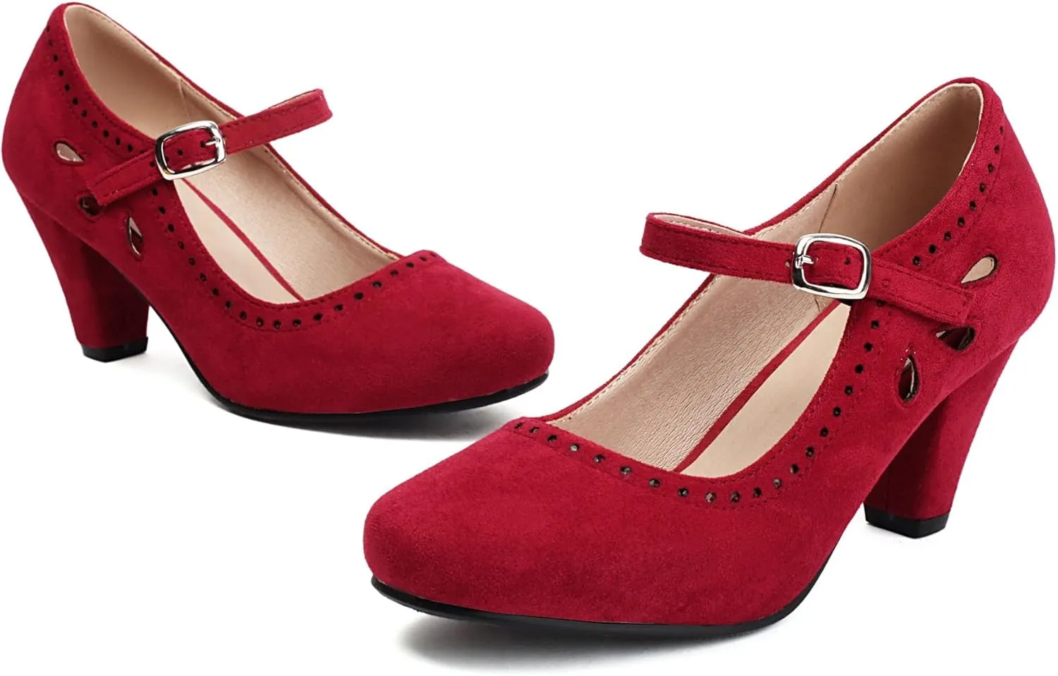 Elerhythm Women's Mary Jane Teardrop Cutout Classic and Retro 1920s Pump Heels 1950s Vintage Round Closed Toe 1940s Ankle Strap Dress Shoes