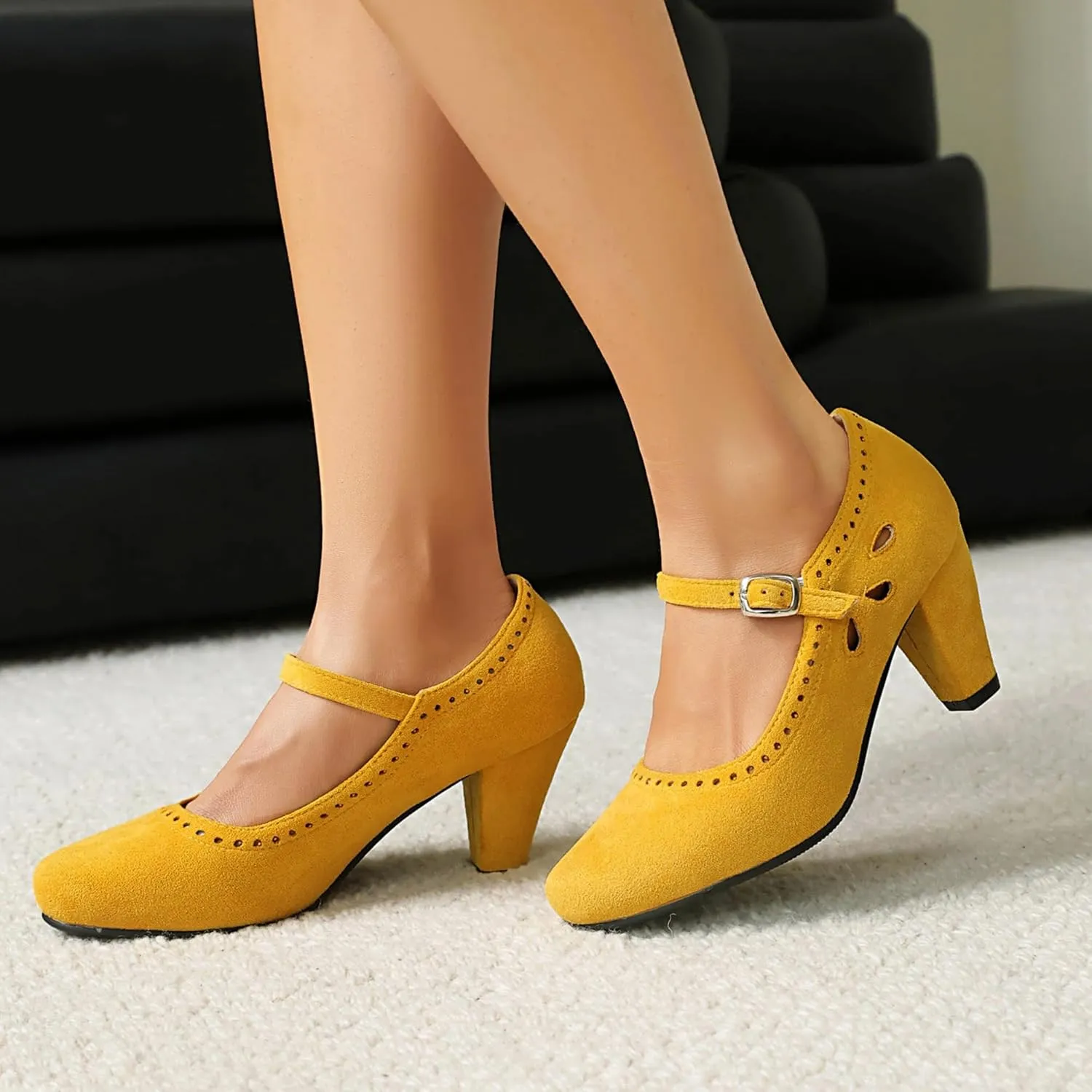 Elerhythm Women's Mary Jane Teardrop Cutout Classic and Retro 1920s Pump Heels 1950s Vintage Round Closed Toe 1940s Ankle Strap Dress Shoes