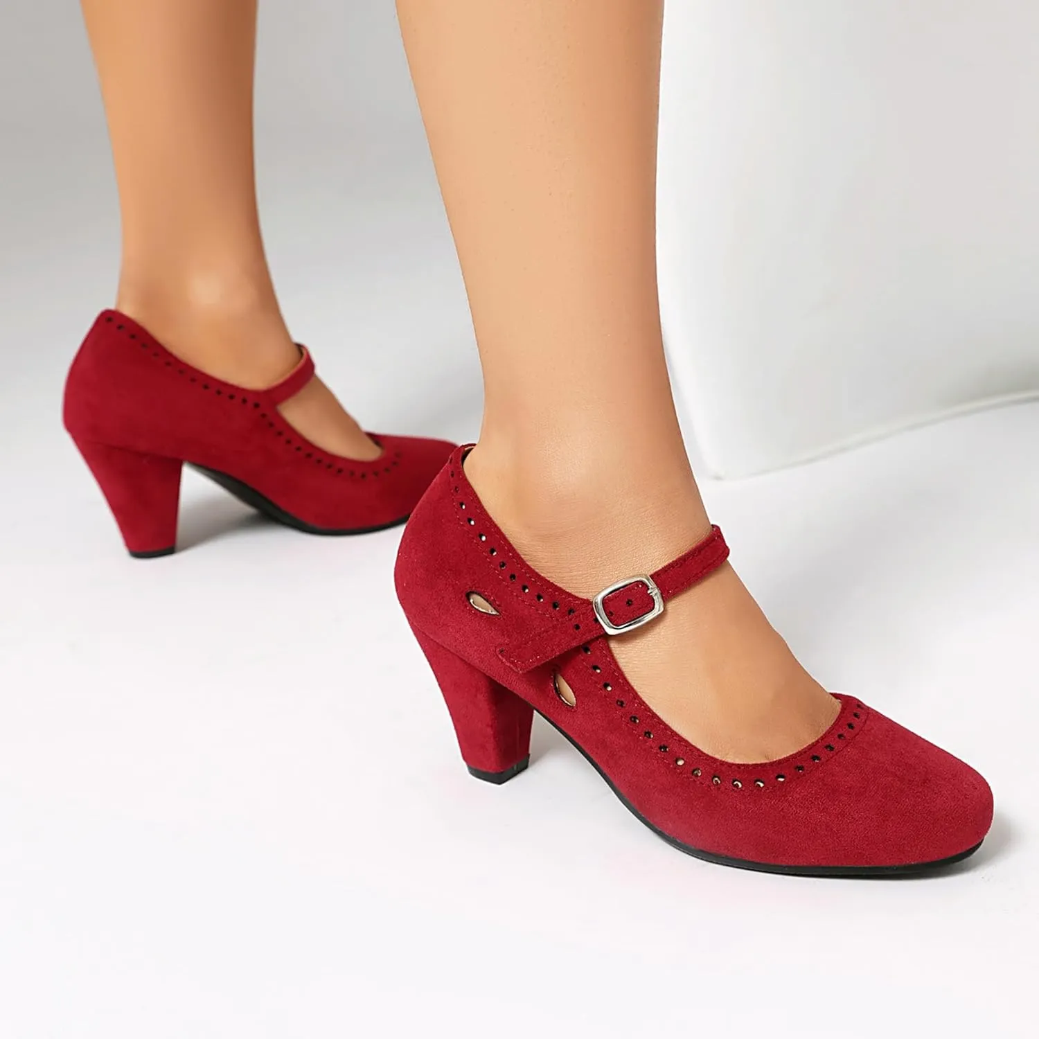 Elerhythm Women's Mary Jane Teardrop Cutout Classic and Retro 1920s Pump Heels 1950s Vintage Round Closed Toe 1940s Ankle Strap Dress Shoes