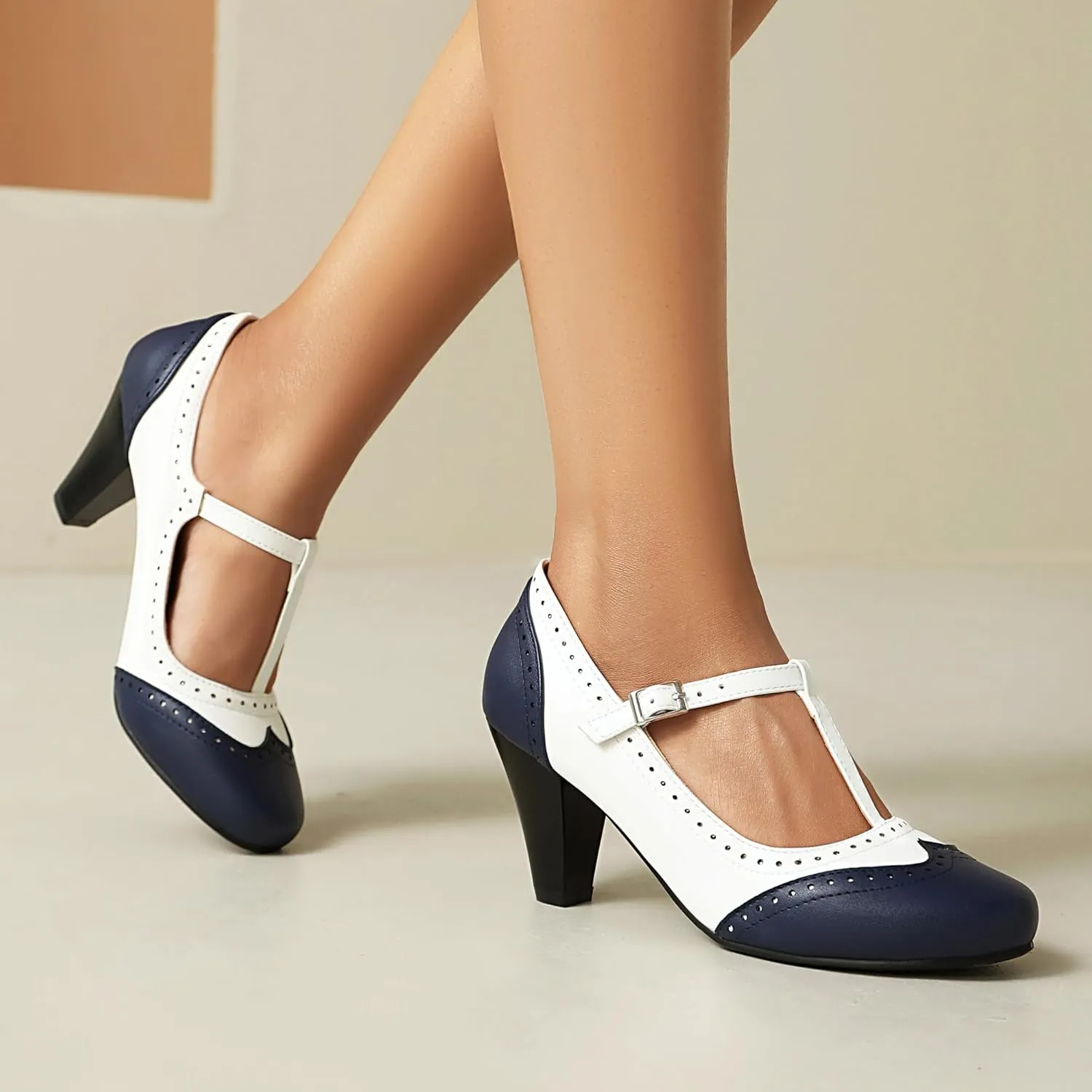 Elerhythm Women's Mary Jane Two Tone Classic and Retro Oxford Wingtip 1920s Pump Heels 1950s Vintage Round Closed Toe 1940s Ankle Strap Dress Shoes