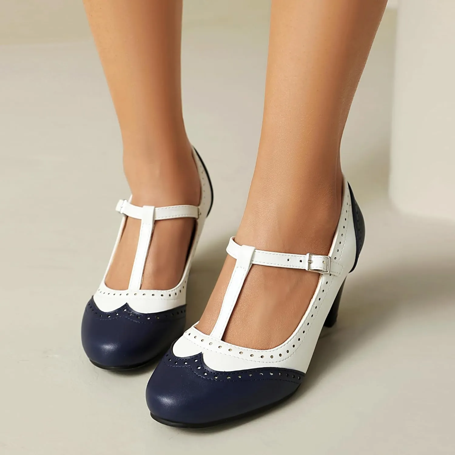 Elerhythm Women's Mary Jane Two Tone Classic and Retro Oxford Wingtip 1920s Pump Heels 1950s Vintage Round Closed Toe 1940s Ankle Strap Dress Shoes