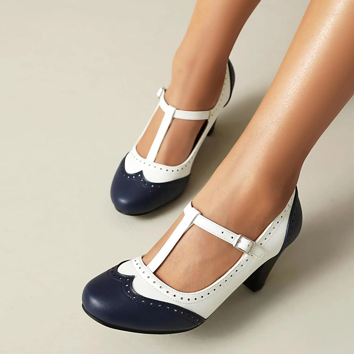 Elerhythm Women's Mary Jane Two Tone Classic and Retro Oxford Wingtip 1920s Pump Heels 1950s Vintage Round Closed Toe 1940s Ankle Strap Dress Shoes