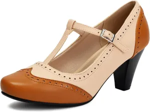 Elerhythm Women's Mary Jane Two Tone Classic and Retro Oxford Wingtip 1920s Pump Heels 1950s Vintage Round Closed Toe 1940s Ankle Strap Dress Shoes