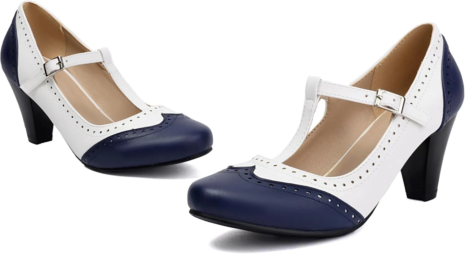 Elerhythm Women's Mary Jane Two Tone Classic and Retro Oxford Wingtip 1920s Pump Heels 1950s Vintage Round Closed Toe 1940s Ankle Strap Dress Shoes