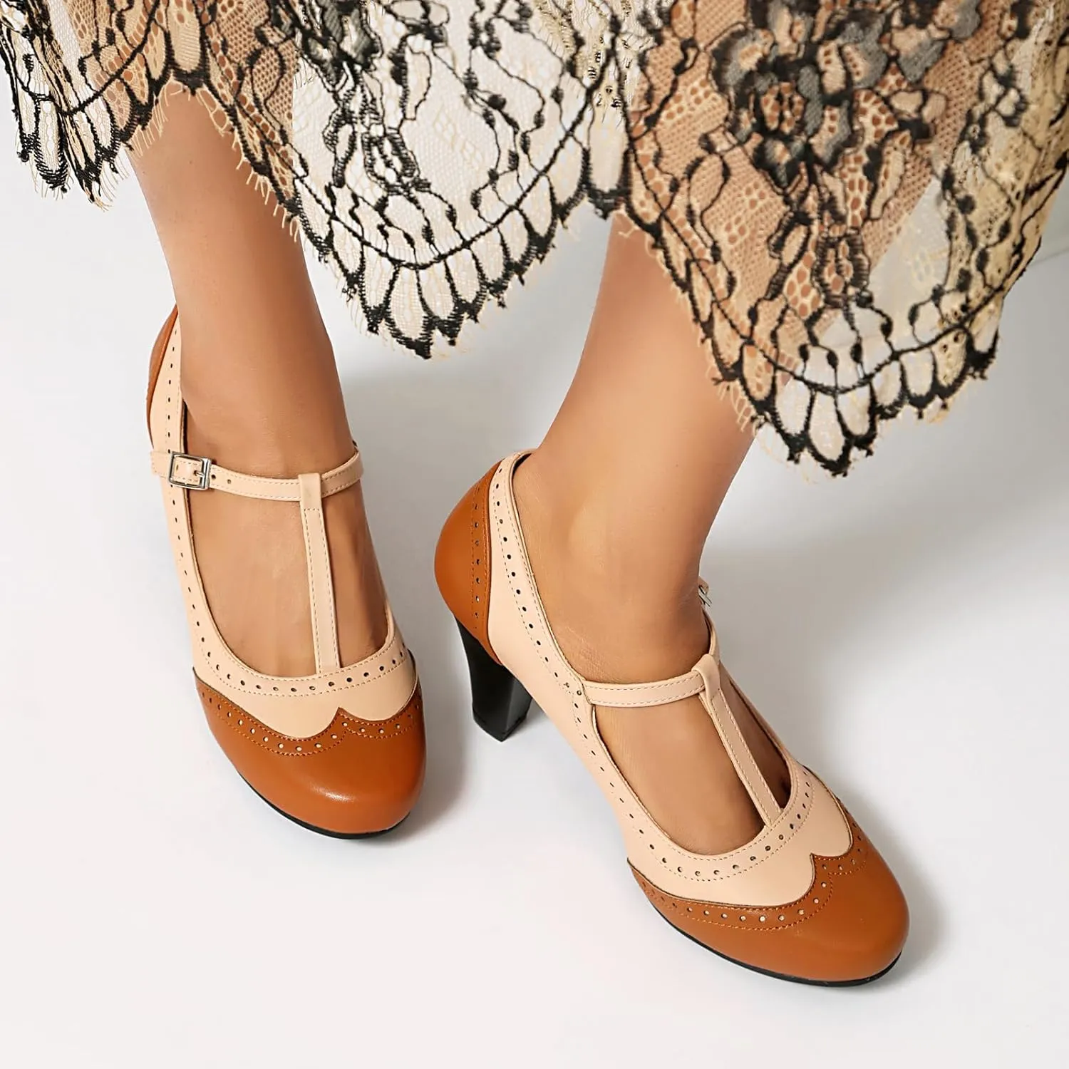 Elerhythm Women's Mary Jane Two Tone Classic and Retro Oxford Wingtip 1920s Pump Heels 1950s Vintage Round Closed Toe 1940s Ankle Strap Dress Shoes