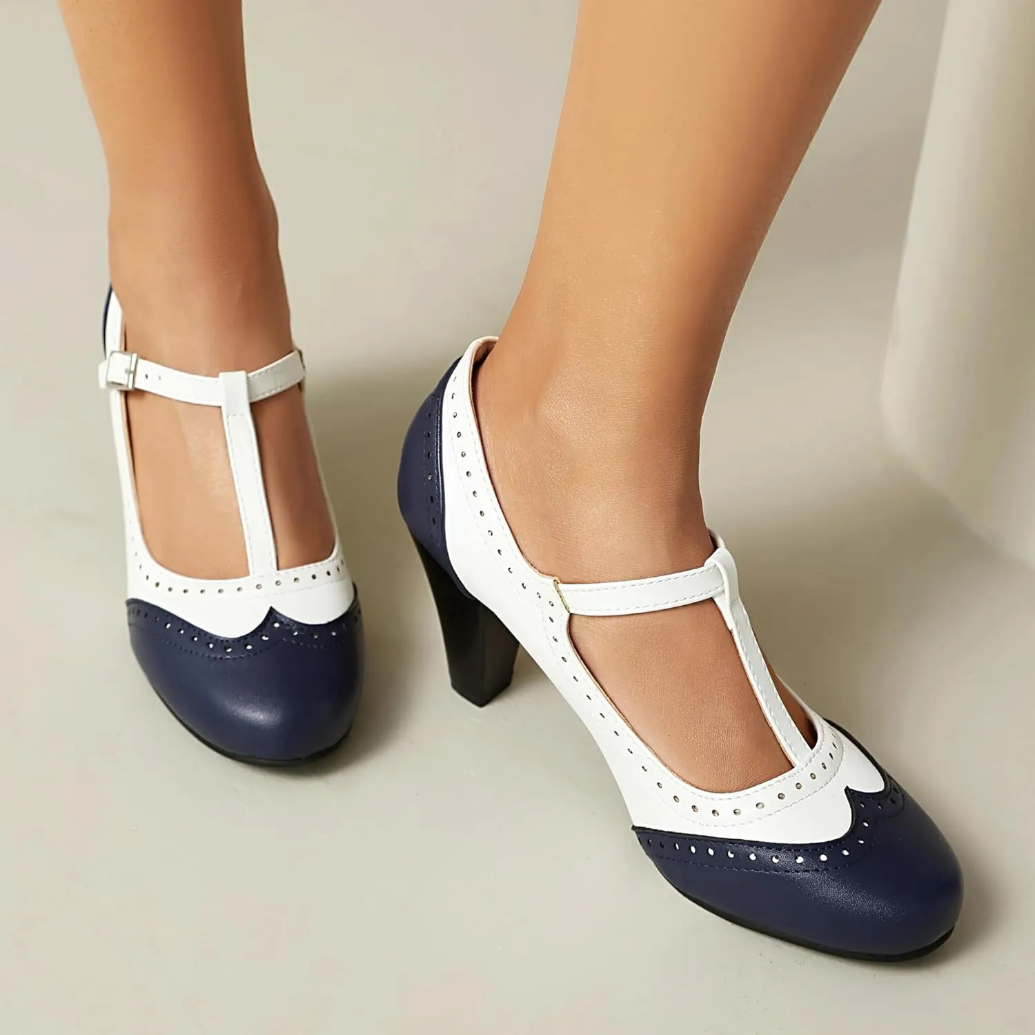 Elerhythm Women's Mary Jane Two Tone Classic and Retro Oxford Wingtip 1920s Pump Heels 1950s Vintage Round Closed Toe 1940s Ankle Strap Dress Shoes