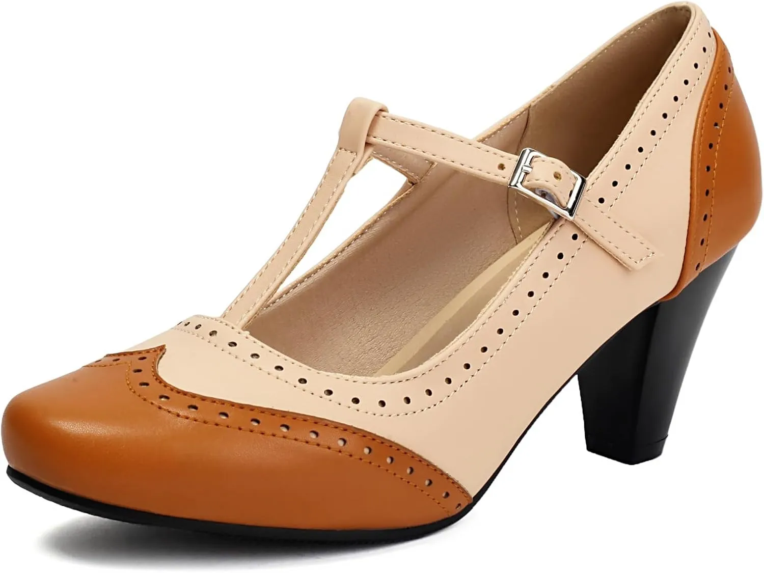 Elerhythm Women's Mary Jane Two Tone Classic and Retro Oxford Wingtip 1920s Pump Heels 1950s Vintage Round Closed Toe 1940s Ankle Strap Dress Shoes