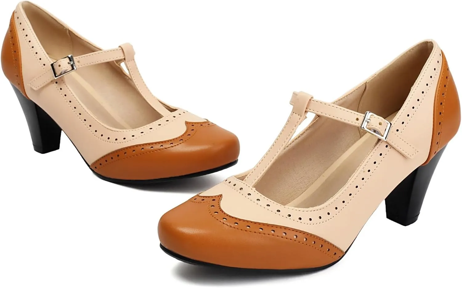 Elerhythm Women's Mary Jane Two Tone Classic and Retro Oxford Wingtip 1920s Pump Heels 1950s Vintage Round Closed Toe 1940s Ankle Strap Dress Shoes