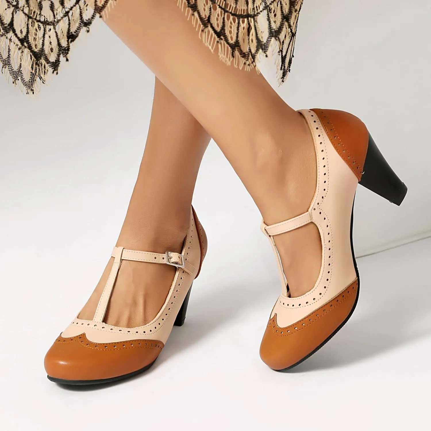 Elerhythm Women's Mary Jane Two Tone Classic and Retro Oxford Wingtip 1920s Pump Heels 1950s Vintage Round Closed Toe 1940s Ankle Strap Dress Shoes