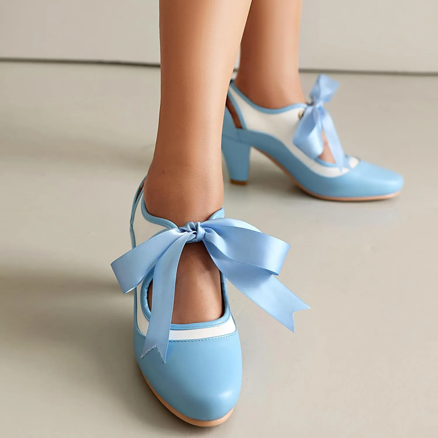 Elerhythm Women's Mary Jane Two Tone Lace Up Closed Round Toe Vintage Heels Gatsby 1950s Pumps 1920s Victorian Retro Shoes