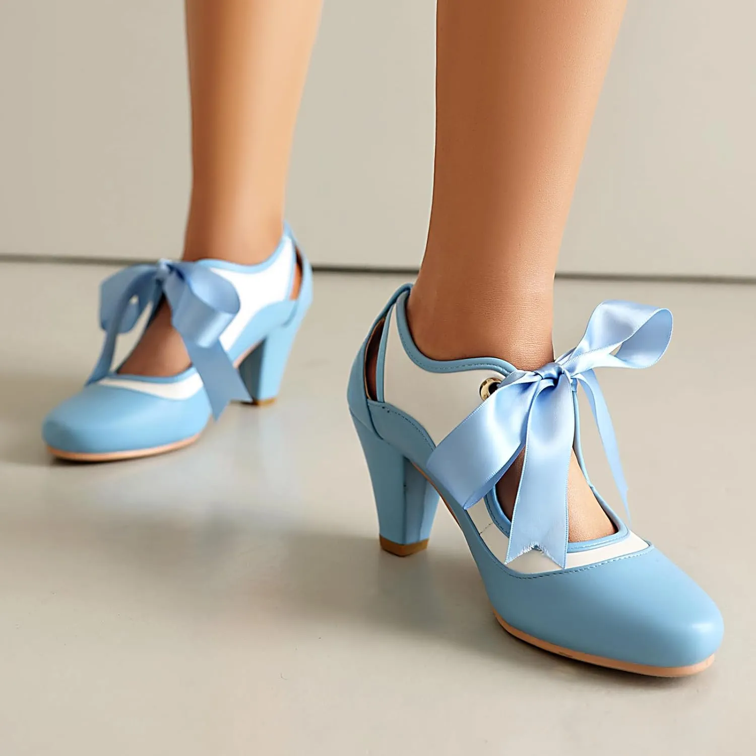 Elerhythm Women's Mary Jane Two Tone Lace Up Closed Round Toe Vintage Heels Gatsby 1950s Pumps 1920s Victorian Retro Shoes