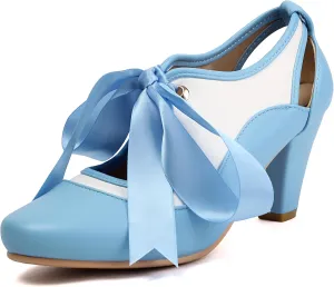 Elerhythm Women's Mary Jane Two Tone Lace Up Closed Round Toe Vintage Heels Gatsby 1950s Pumps 1920s Victorian Retro Shoes