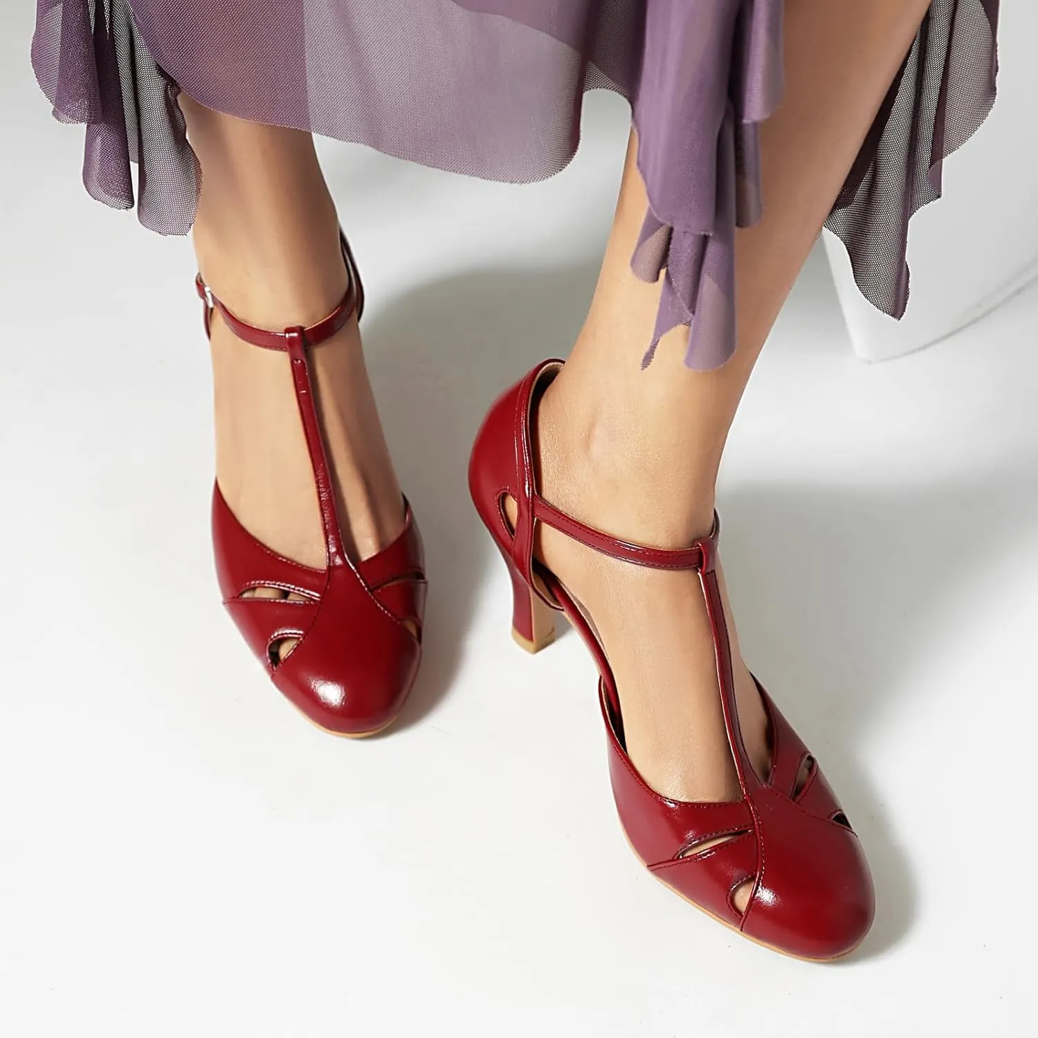 Elerhythm Women's Mary Jane Vintage Ankle Strap Closed Round Toe Gatsby Heels Retro 1950s Pumps 1920s Victorian Shoes
