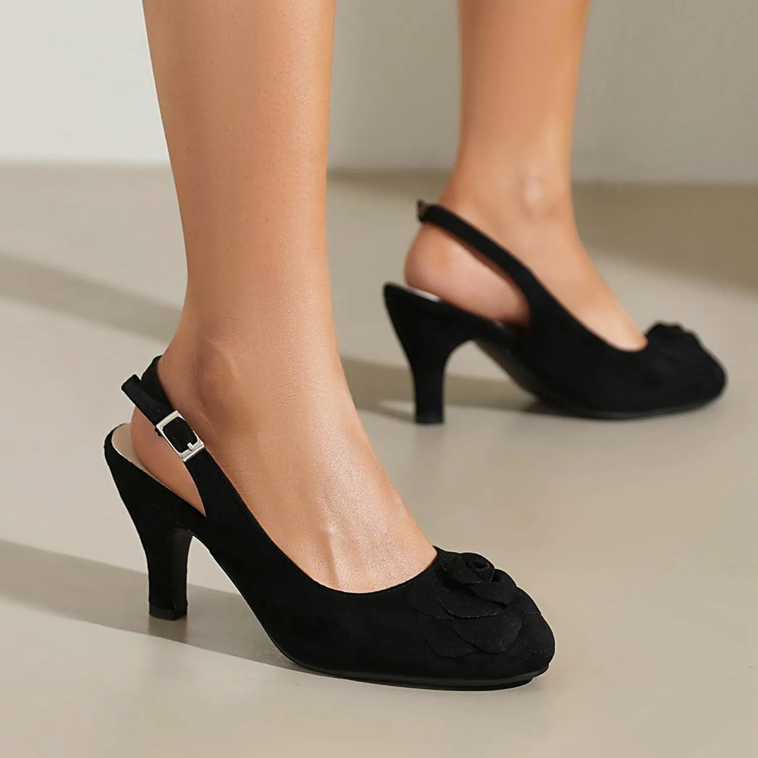 Elerhythm Women's Mary Jane Vintage Slingback Adjustable Strap Flower Close Toe 1920s Gatsby Heels Retro 1950s Victorian Pumps Suede Shoes