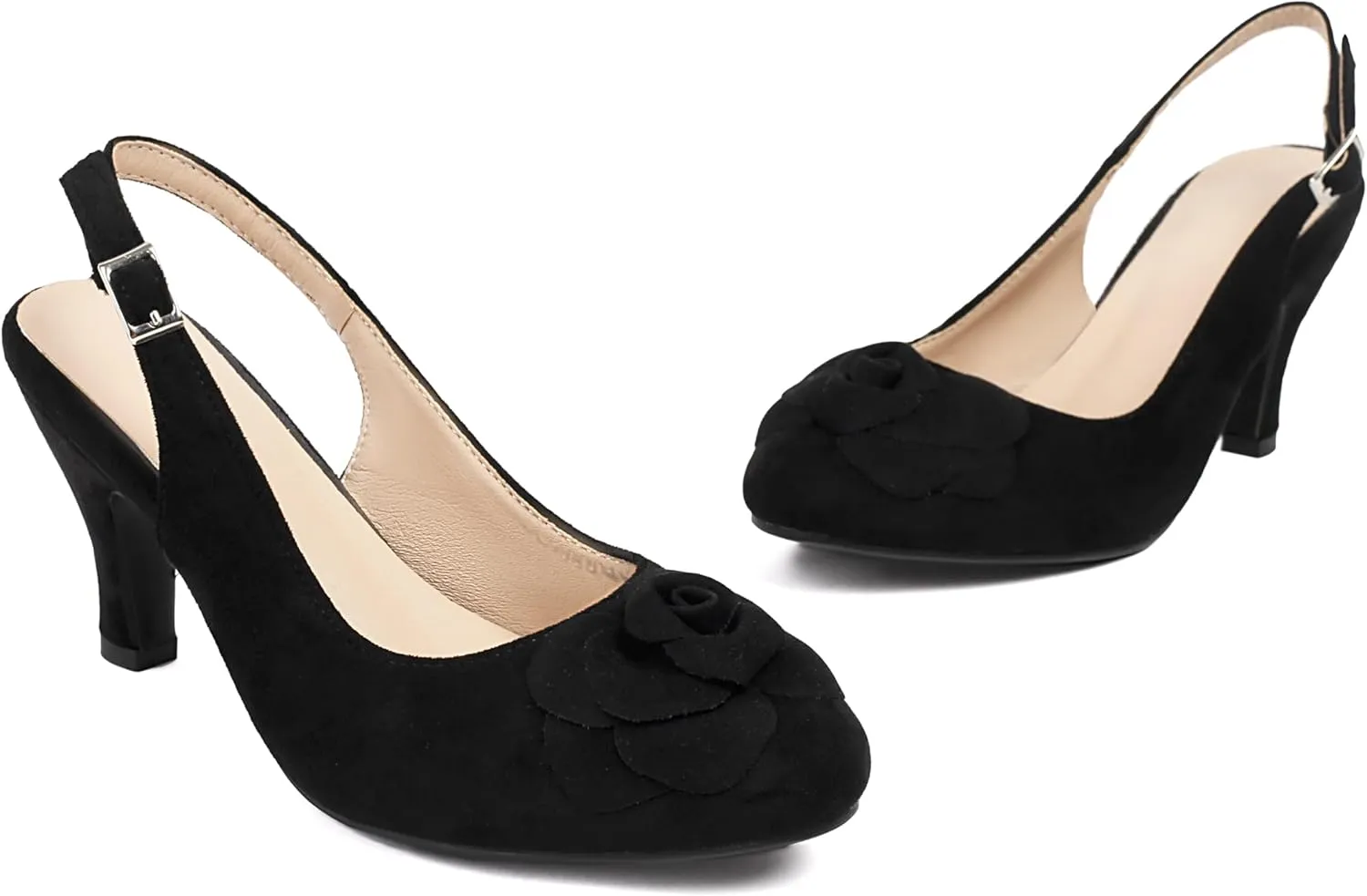 Elerhythm Women's Mary Jane Vintage Slingback Adjustable Strap Flower Close Toe 1920s Gatsby Heels Retro 1950s Victorian Pumps Suede Shoes