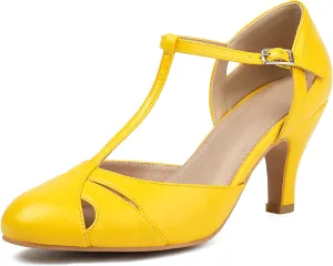 Elerhythm Women's Mary Jane Vintage T Strap Closed Round Toe Heels Retro 1950s Pumps 1920s Victorian Shoes