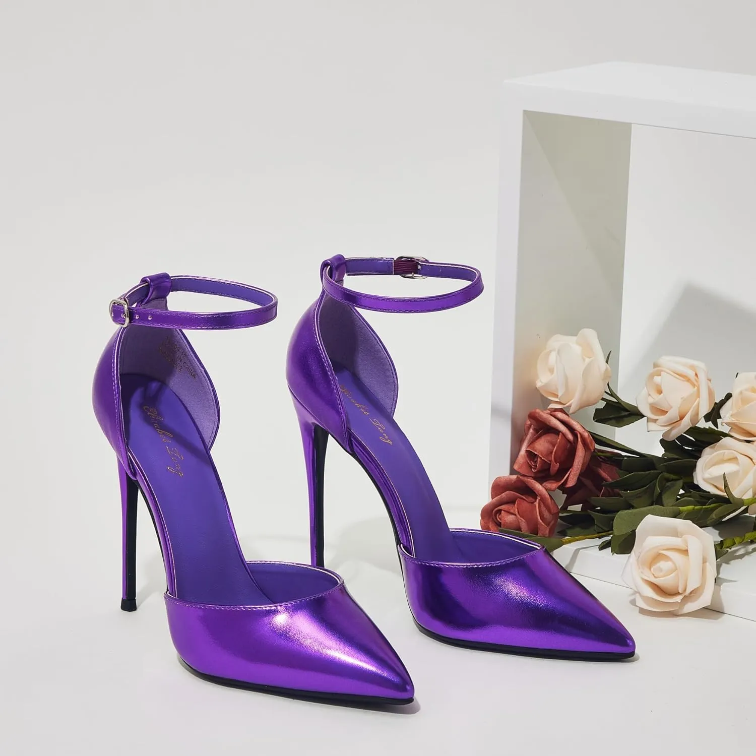 Elisabet Tang High Heels, Women Pumps D'Orsay Ankle Strap Pointed Toe Stiletto Heels Rhinestone Party Wedding Shoes
