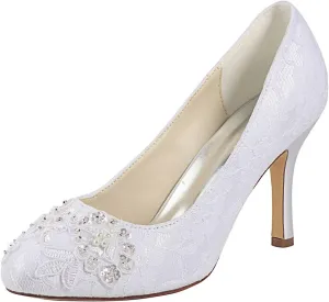Emily Bridal White Wedding Shoes Lace Beaded Round Toe Imitated Silk Stiletto Bride Pump Shoes