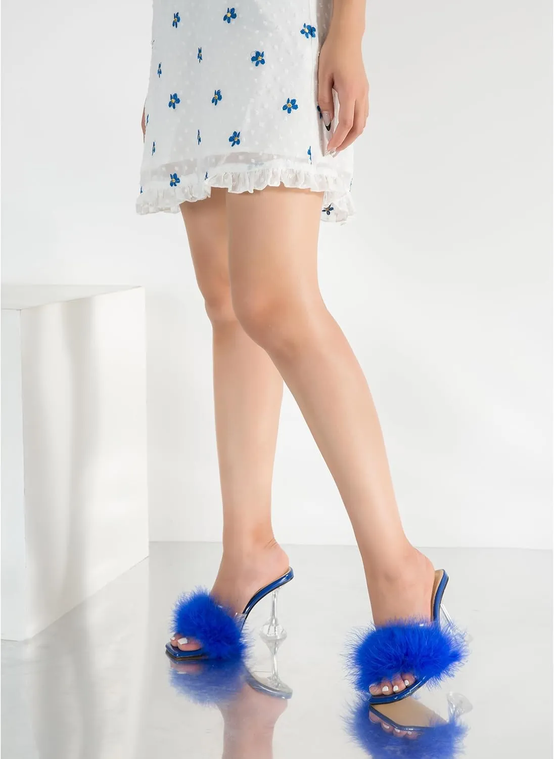 Enelauge Women's Square Toe Sandal Fluffy Feather Clear High Heels Sandals Mules Backless Slip On Slipper Dress Shoes