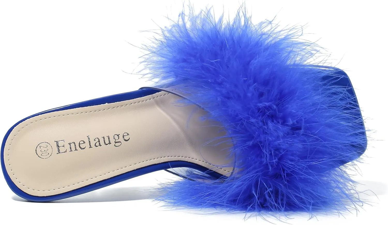 Enelauge Women's Square Toe Sandal Fluffy Feather Clear High Heels Sandals Mules Backless Slip On Slipper Dress Shoes