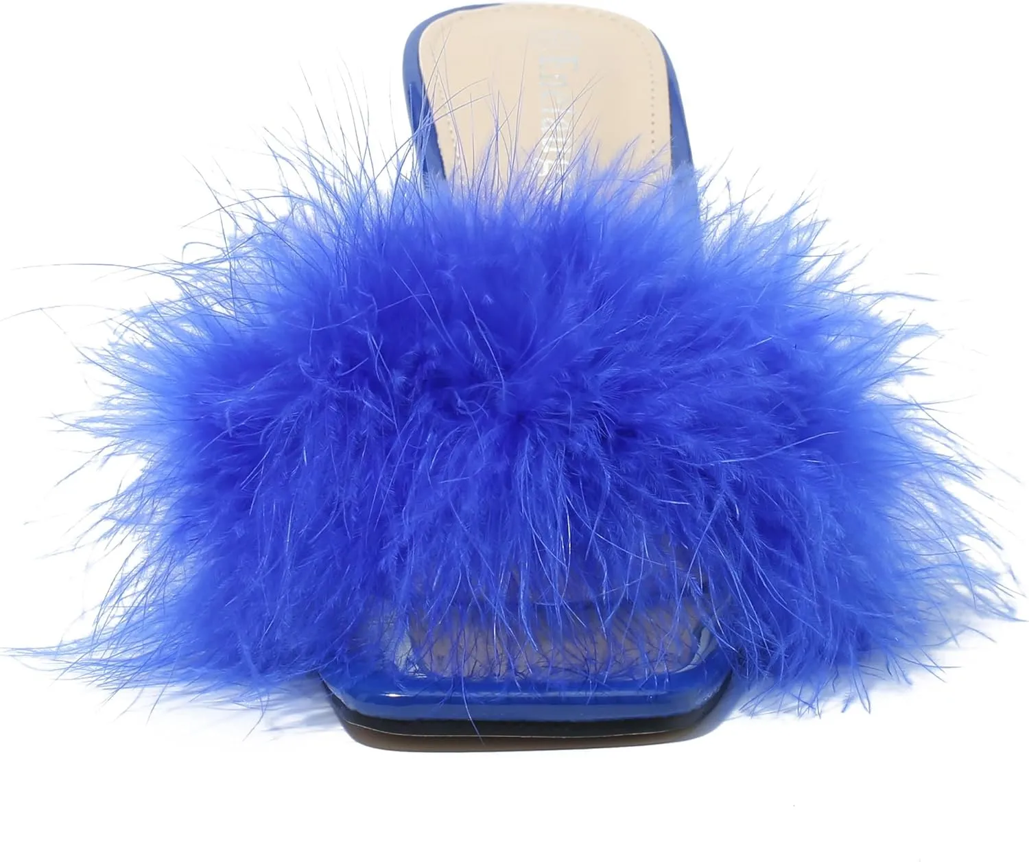 Enelauge Women's Square Toe Sandal Fluffy Feather Clear High Heels Sandals Mules Backless Slip On Slipper Dress Shoes