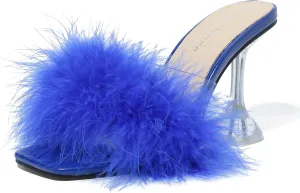 Enelauge Women's Square Toe Sandal Fluffy Feather Clear High Heels Sandals Mules Backless Slip On Slipper Dress Shoes