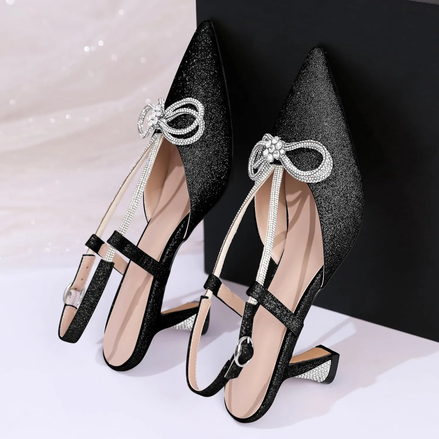 Esvowido Women's Rhinestone Bow Heels Pointed Toe Kitten Low Heel Pumps Satin Shoes Adjustable Ankle Strap Slingback Heeled Wedding Bridal Evening Dress Shoes