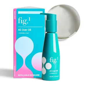 Fig.1 All Over Oil – Lightweight hydrating body oil for after shower glow, multi-purpose skin oil, non-greasy dry oil for body, refillable vegan pump, Vitamins A C E, 120 m