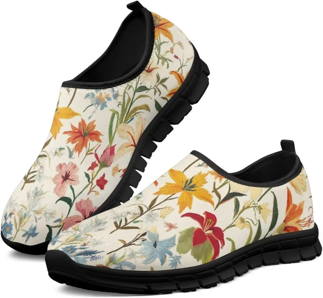Flowers Casual House Shoes Breathable Mesh Sneakers for Women Comfort Soft Anti-Slip Shock Absorption EVA Sole Hiking Shoes for Outdoor Size 5.5-11.5 Black Sole