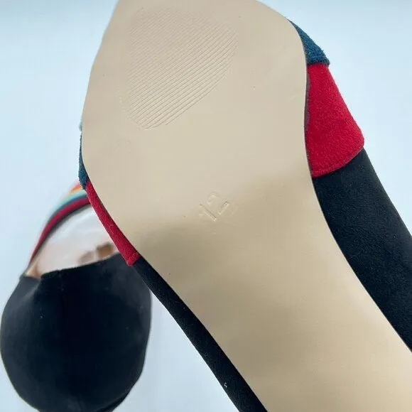 FOWT Black Mid Heel Pointed Toe Pump Slip-on Rainbow Pump Shoes for Dress Party