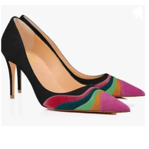 FOWT Black Mid Heel Pointed Toe Pump Slip-on Rainbow Pump Shoes for Dress Party